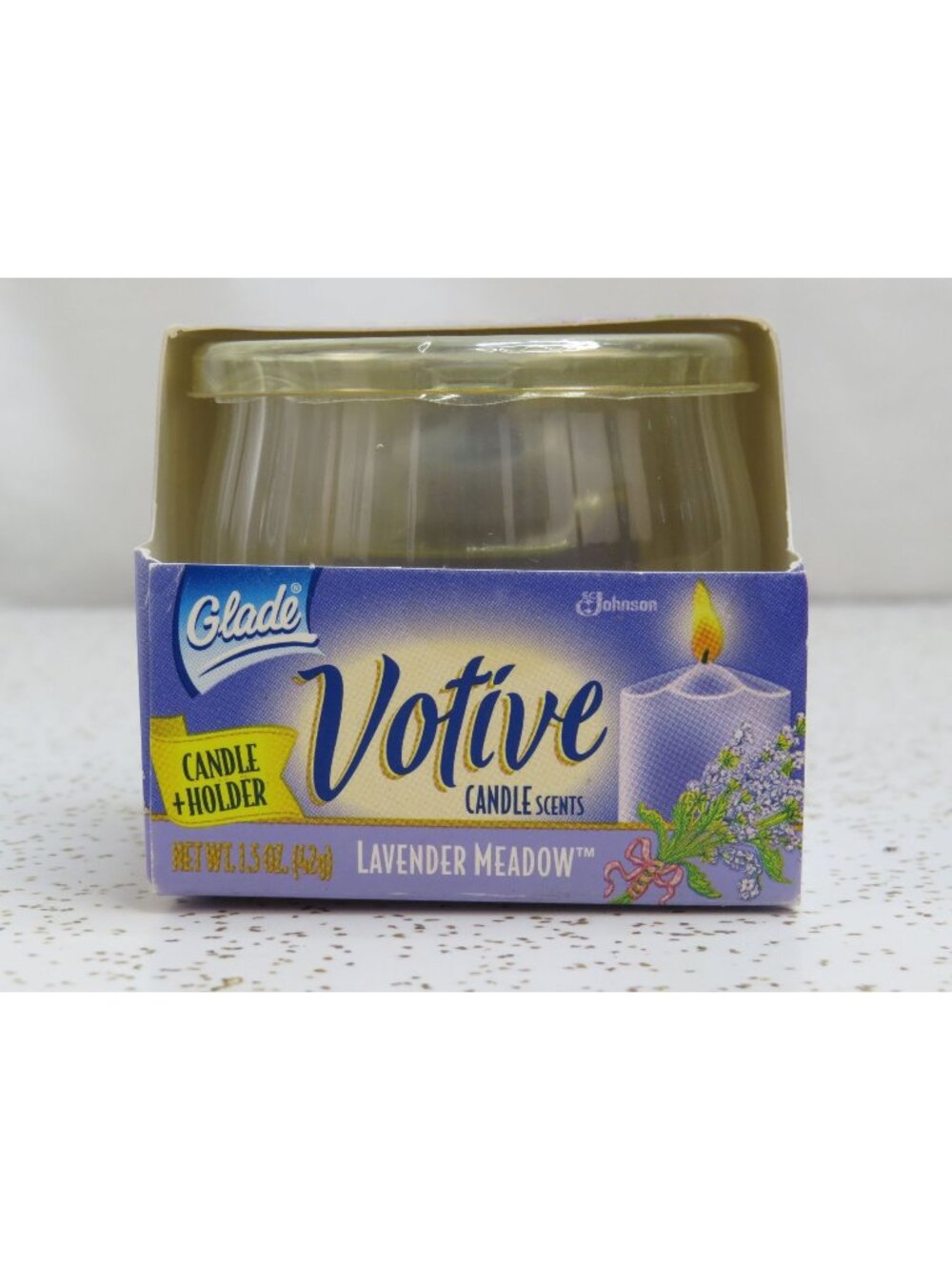 Vintage 1998 Glade Votive Candle Scents Lavender Meadow Candle & Glass Holder